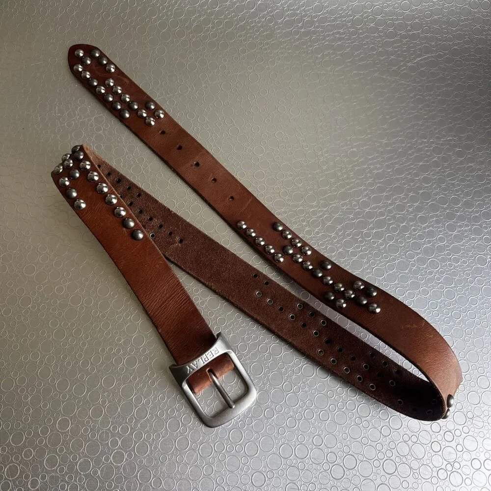 Replay Italian Leather Studded Belt Engraved Buckle Y2K Rocker - Size 100 US 38